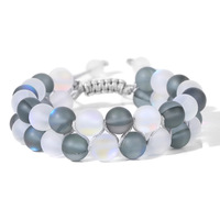 Bracelet en fausse pierre de lune 8 mm, perles de verre dépolies mates, double rangée, cordon ciré tressé, ajustable, bijoux vintage, vente en gros