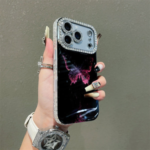 Étui <span class=keywords><strong>de</strong></span> téléphone portable Bling Diamond Butterfly <span class=keywords><strong>pour</strong></span> iPhone 16 15 14 13 Pro Max Plus, objectif d'appareil photo en verre IMD, coque rigide noire brillante en PC - Product Image 4