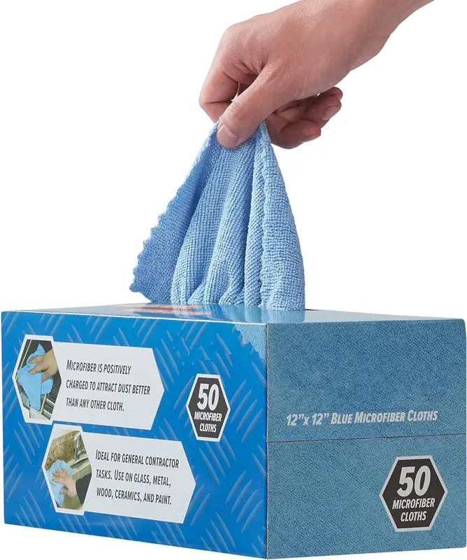 Paquete suave de 50 12 por 12 pulgadas 180GSM bordes sin costuras menos toallitas de limpieza y secado de microfibra con caja dispensadora