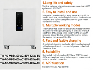 แบตเตอรี่ลิเธียมสำหรับบ้านเคลื่อนที่แบบออฟกริด LiFePO4 สามเฟส ออลอินวัน 51.2V 20-30kWh 10kW/12kW ป้องกันน้ำและฝุ่นระดับ IP54 พร้อม RS485 TW-A - Product Image 3