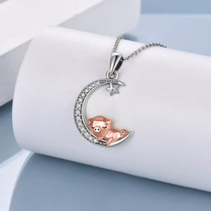 Nuevo diseño 925 plata esterlina dos tonos circón cúbico Luna con estrella cerdo colgante collar - Product Image 3