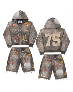 DiZNEW <strong>Mens</strong> Clothing <strong>Sets</strong> Luxury Designer Summer Acid Wash Zip up <strong>Hoodie</strong> <strong>and</strong> <strong>Shorts</strong> <strong>Set</strong> for <strong>Men</strong> Custom - Product Image 1