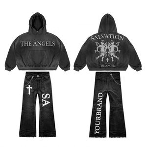 ชุดวอร์มแนวสตรีทสำหรับฤดูใบไม้ร่วงของผู้ชายกางเกงยีนส์ผ้ายีนส์ทรงบานมีฮู้ดผ้าเกล็ดปลาพิมพ์ลายพัฟสำหรับสไตล์ใส่สบาย - Product Image 1