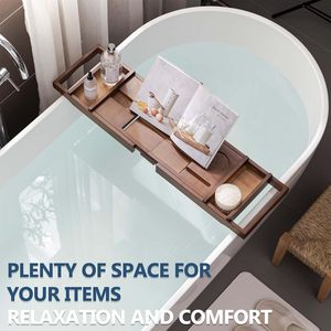 Accesorios de baño extensibles de <span class=keywords><strong>madera</strong></span>, <span class=keywords><strong>bandeja</strong></span> Caddy para <span class=keywords><strong>bañera</strong></span> de teca, <span class=keywords><strong>bandeja</strong></span> plegable para mesa de baño con soporte para libro y copa de vino - Product Image 4