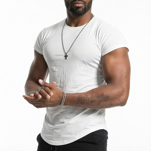 Custom <b>Men's</b> High Street Eco-Friendly Jersey <b>T</b> <b>Shirts</b> 95% Cotton 5% Spandex 180g Fitness Gym Wear <b>Curved</b> <b>Hem</b> Muscle Slim Fitted - Product Image 1