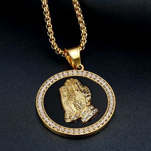 Collier pendentif main de prière Hip Hop en acier inoxydable plaqué or avec micro-incrustations de zircon, bijou unisexe, cadeau - Product Image 2