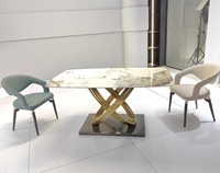 Meubles de salle à manger modernes, table à manger de forme globulaire, plateau en pierre, base en métal, rectangle