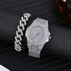 D-7-2083 Watch and Bracelet Set Set Di Orologi E <strong>Bracciali</strong> Set Di Orologi Da Uomo in Oro <strong>Argento</strong> Catena Cubana Collana Bracciale - Product Image 1