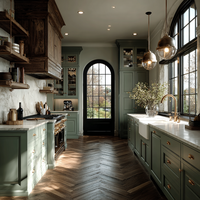 Mobili da Cucina in Stile Country Francese con Laccatura Lucida, Isola in Marmo, Mensole Aperte, Illuminazione LED e Chiusura Ammortizzata