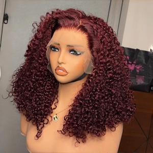 <span class=keywords><strong>Parrucche</strong></span> Bob Corte 99J Bordeaux con Pizzo Frontale HD 13*4, Onde Acqua, Densità 250%, <span class=keywords><strong>Capelli</strong></span> Umani Ricci Profondi, <span class=keywords><strong>Parrucche</strong></span> Afro per Donne - Product Image 1