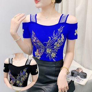Phụ Nữ Bướm Rose Rhinestone Sexy Tắt Vai Sáng Bóng Sequined Quần Áo TEE Tops Hộp Đêm Ngắn Tay Áo Áo Sơ Mi Đảng T-Shirt - Product Image 5