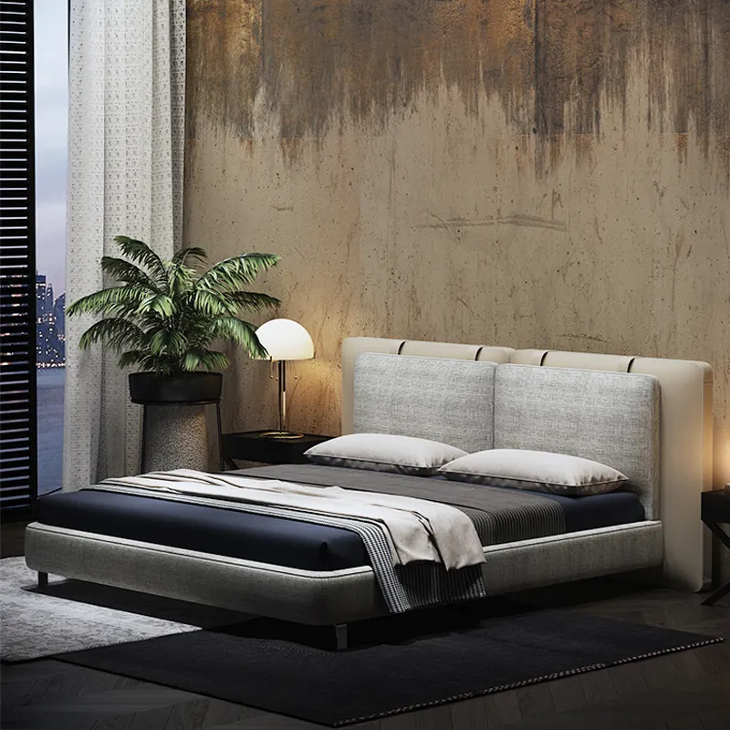 Modern İskandinav tasarımcı döşemeli kumaş keten çift kraliçe king-size yatak çerçeve platformu yatak Villa otel yatak odası mobilyası