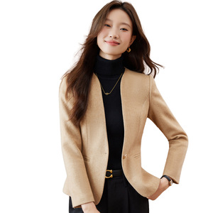 Women's Wool Blazer Khaki Slim Fit Solid Color Pocket Autumn Winter Top - Product Image 5