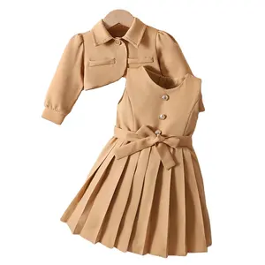 Wholesale 2024 new girls clothing sets short cape coat pleated dress sleeveless skirt set for girls