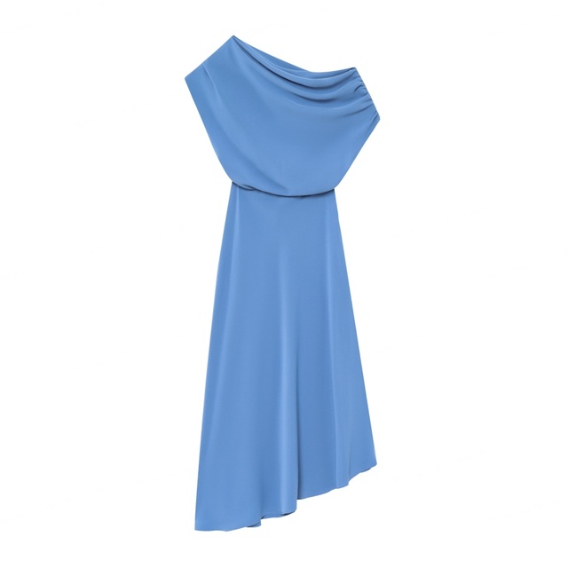 Women's Blue Solid Asymmetrical Design Sleeveless Casual Summer Maxi Dress Breathable Woven Natural Waistline A-Line Silhouette