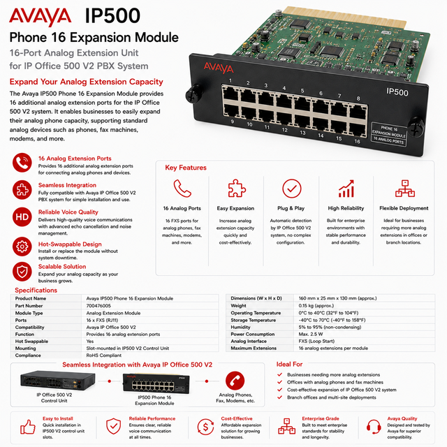 Avaya IP500 Phone 16 Expansion Module 16-Port Analog Extension Unit for IP Office 500 V2 PBX System