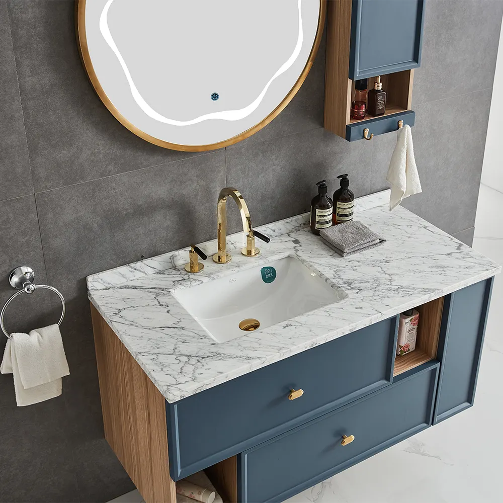 Meuble-lavabo de salle de bain moderne de 1100mm avec armoire de bain ronde en bois massif Accessoires de style hôtelier américain Miroir et miroir