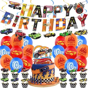 Yarış araba doğum günü afiş ve kek Topper yarış Chequered bayrak sıcak tekerlek temalı doğum günü partisi malzemeleri