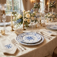 Service de vaisselle en céramique bleu et blanc à fleurs, style campagne française, avec décor vintage, assiettes en porcelaine pour mariages, banquets, hôtels et vente au détail