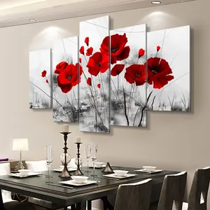 组合花海报抽象红色罂粟墙图片5件墙画布艺术绘画