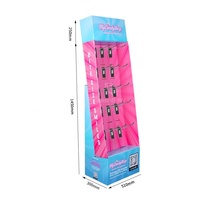Présentoir de sol en carton rose moderne et écologique, personnalisé, avec crochets et étagères en forme d'aile, en carton ondulé, pour bandes de bonbons acidulés