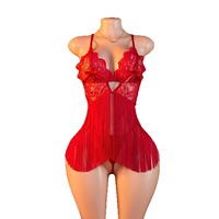 Ensemble de lingerie femme B964 : Babydoll à franges en V profond avec nœud en satin et string, chemise en dentelle transparente rouge à bonnets triangulaires
