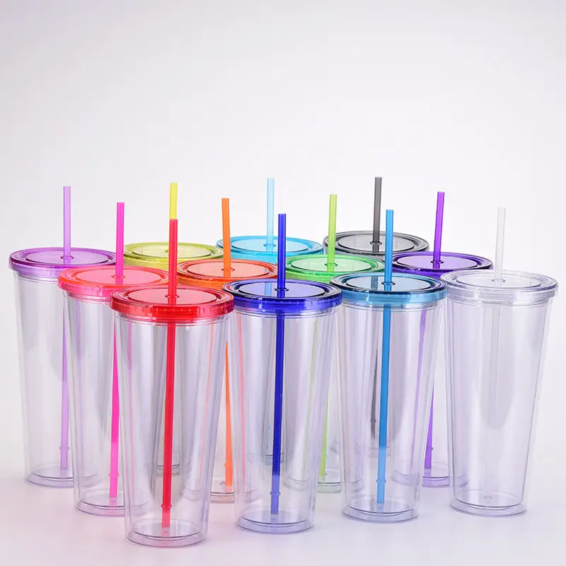 Wholesale 32oz 1000ml Customized Colorful DIY Double Wall Plastic Acrylic Clear Cup Tumbler with Lids and Straws