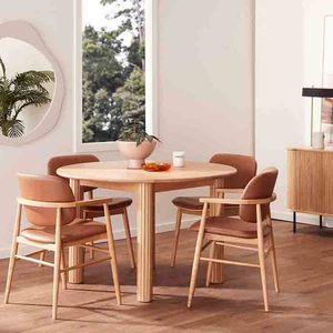 Fauteuil de salle à manger en chêne de style mi-siècle OEM&ODM, assise en cuir <span class=keywords><strong>caramel</strong></span>, dossier incurvé, pour hôtel, restaurant, café, vente en gros, usage commercial - Product Image 2
