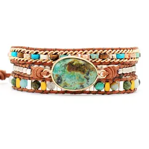 Afrika Turquoise Amazonite Stenen Sieraden 3 Strengen Lederen Wrap Armbanden Voor Vrouwen Armband