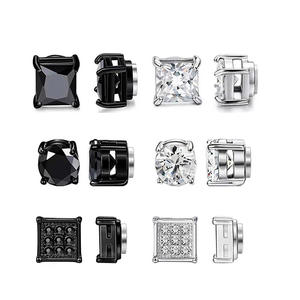 <b>Magnetic</b> Clip-On <b>Earrings</b> <b>For</b> <b>Men</b> Black Silver Square Round Zircon Geometric Titanium Steel Minimalist Trendy Fashion Jewelry - Product Image 1