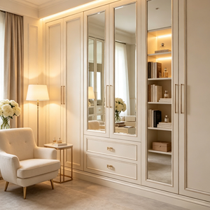 <span class=keywords><strong>Dressing</strong></span> Moderne de Luxe Personnalisé avec Portes Miroir en Bois Massif Blanc Crème, Armoire Plafond-Plancher et Unité de Rangement à Tiroirs Grande Capacité - Product Image 4