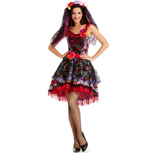 Disfraz de novia fantasma para Halloween, estilo mexicano, Día de Muertos, con flores y calaveras impresas, vestido de encaje. - Product Image 5