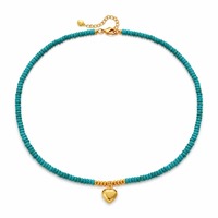 Collier Pendentif Bohème Fait Main en Laiton Plaqué Or 18K avec Pierre Turquoise Naturelle, Cœur Doré Perlé pour Femme, Cadeau Court