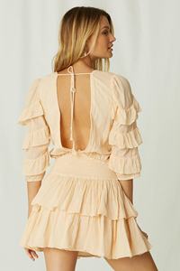 Hot & <b>Sexy</b> V Neck Solid <b>Peach</b> Short Ruffle Dress With Front Button Ruffle Sleeve & Elastic Waist - Product Image 4