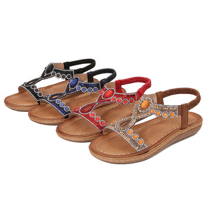 Turquoise Beaded Flat Sandals With Rhinestone Embellishment Open <b>Toe</b> Summer Women's Fashion Trend Strappy Design Wholesale - Product Image 4