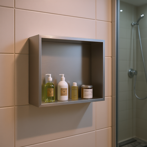 Niche de douche en acier inoxydable 13 x 13, nickel brossé, étagère de salle de bain encastrée, design minimaliste à un seul niveau - Product Image 2