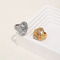 Unregelmäßiger Ring mit gehämmerter Lava-Textur, doppeltem ovalem klarem Zirkonia-Einlage, klobiger Statement-Ring, Edelstahl-Modeschmuckring