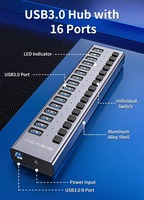 Hub USB-C 17-en-1 10 Gbit/s avec alimentation, répartiteur USB 3.2 avec interrupteurs individuels, adaptateur secteur 20V 7.5A pour ordinateur portable et PC
