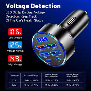 Cargador de coche de 6 puertos con pantalla digital LED 4 USB 2 PD Tipo C Cargador de coche QC3.0 de carga rápida - Product Image 5