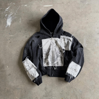 Hoodie Pria 100% Katun Boxy Heavyweight Oversized Vintage Washed dengan Cetakan Grafis Distressed Patchwork Streetwear dan Ritsleting