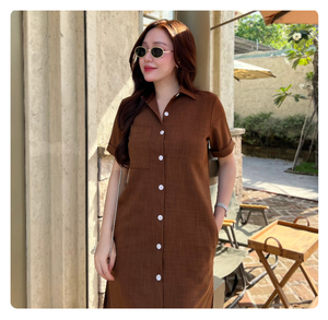 Robe chemise boutonnée en lin et coton unie pour femme, manches courtes, coupe décontractée, longueur midi, idéale pour le bureau, vente en gros OEM ODM Vietnam - Product Image 1