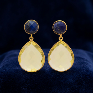 Pendientes de latón hechos a mano con gemas y engaste de bisel, pendientes tipo huggie para niños, joyería de moda con cuarzo. - Product Image 2