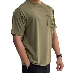 เสื้อยืดแขนสั้นสีเขียวมะกอกสำหรับผู้ชาย ทรงปกติ คอกลม มีกระเป๋าเสื้อ ผ้าเจอร์ซีย์ลำลอง ผ้าฝ้าย สีพื้น - Product Image 3