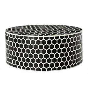 Mesa de Centro Redonda con Incrustaciones de Hueso, Patrón Geométrico de Panal Negro, Mesa de Centro de Madera Hecha a Mano, Muebles de Lujo para Sala de Estar - Product Image 1