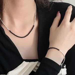 Yinruitai S925 Sterling Silver Black Agate Double-tone Necklace <b>Bracelet</b> Set For Women Everyday Wear Clavicle Chain Jewelry - Product Image 3