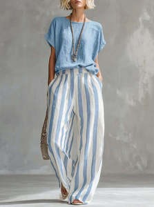 Ensemble 2 pièces pour femmes, haut à manches dolman et pantalon large rayé, <span class=keywords><strong>tenue</strong></span> décontractée polyvalente pour tous les jours, les courses, le brunch - Product Image 3