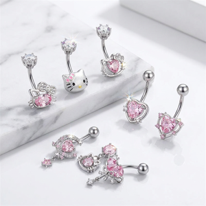 CRYSPURE 14g <span class=keywords><strong>Piercing</strong></span> all'<span class=keywords><strong>Ombelico</strong></span> in Acciaio Inossidabile per Ragazze, con Zircone Rosa e Motivi Gatto e Cuore, Gioielli per il Corpo, Ingrosso OEM - Product Image 3