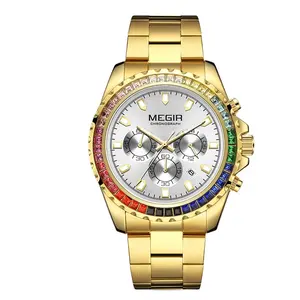 Relojes Hombre Megir 2227原装品牌彩虹嵌框石英计时手表奢华男士腕表