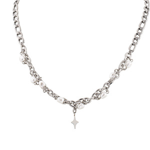 Collar de clavícula de acero inoxidable con perla sintética y dije de estrella de cuatro puntas para hombre - Product Image 5