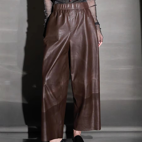 3661-2 Casual High Waist Straight-leg Stretch Ninth Pants Ultra-thin All Vegetable Tanned Genuine Sheepskin Trouser for Women